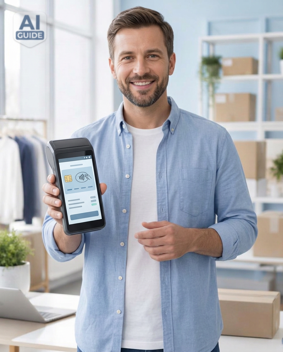 AI guide holding a large portable payment terminal with a readable screen