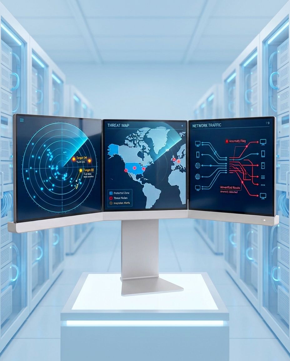 Three Radar screens showing live scanning, a threat map, and suspicious network traffic