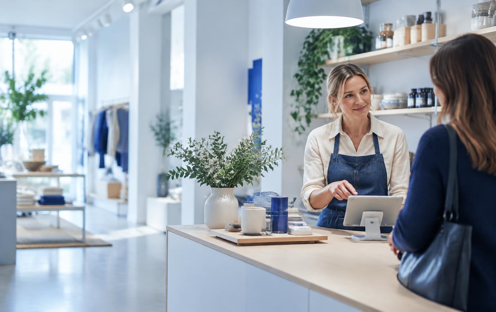 A shop owner helping a customer at a protected checkout